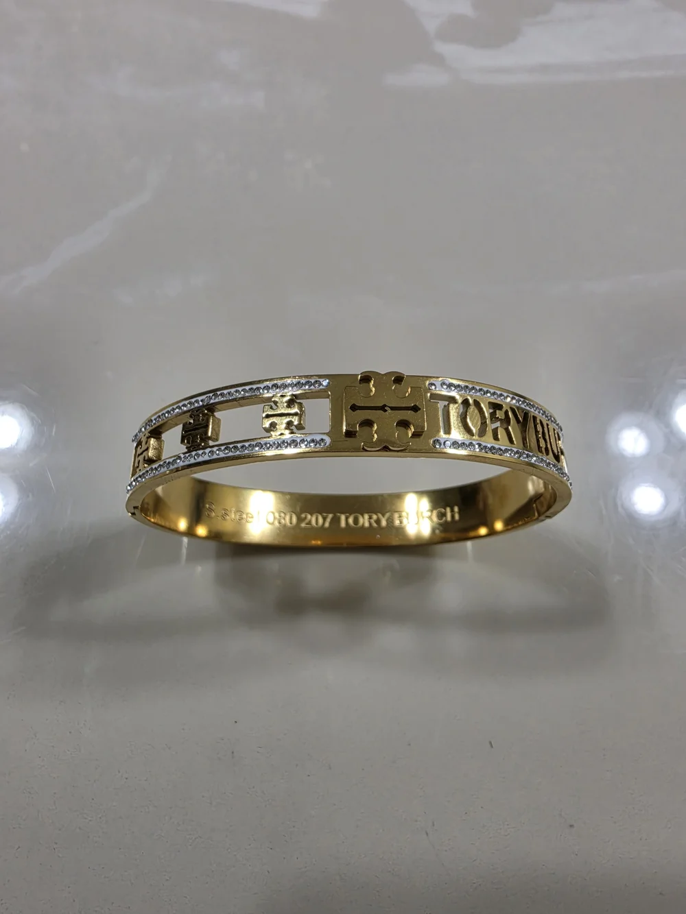 Tory Burch Gold-Tone Logo Crystal Bangle